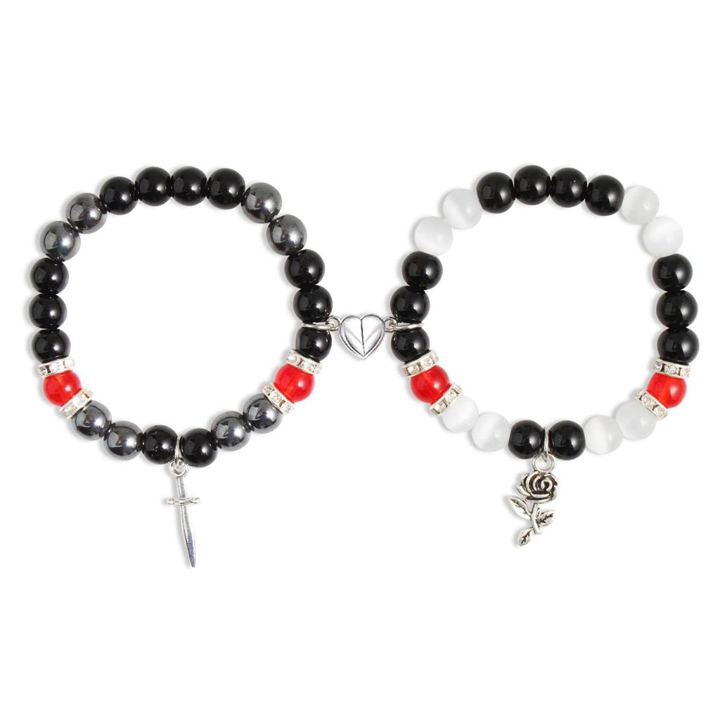 2Pcs/Set Gothic Spider Animal Beaded Bracelet Creative Heart Magnetic Matching Couple Bracelets for Women Men Halloween Gift