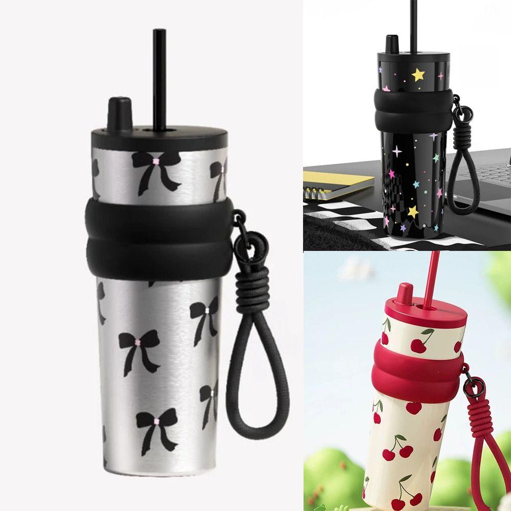 With Lifting Rope Vacuum Cup Bow Cherry Flower Print Insulated Cup Boys and Girls