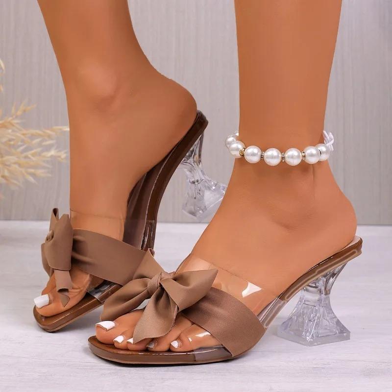 Fashion Transparent PVC Butterfly-Knot Women Slippers Mule High Heels Gladiator Sandals Flip Flop Square Toe Party Shoes Mujer
