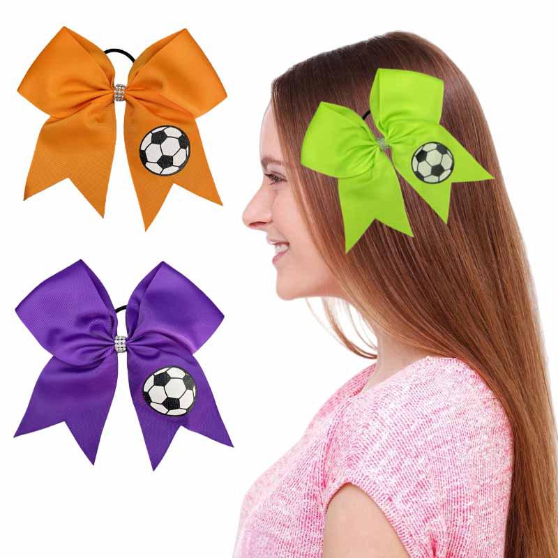 8" Football Pattern Ribbed Swallowtail Bow Hair Tie - Cheerleading Accessory.
