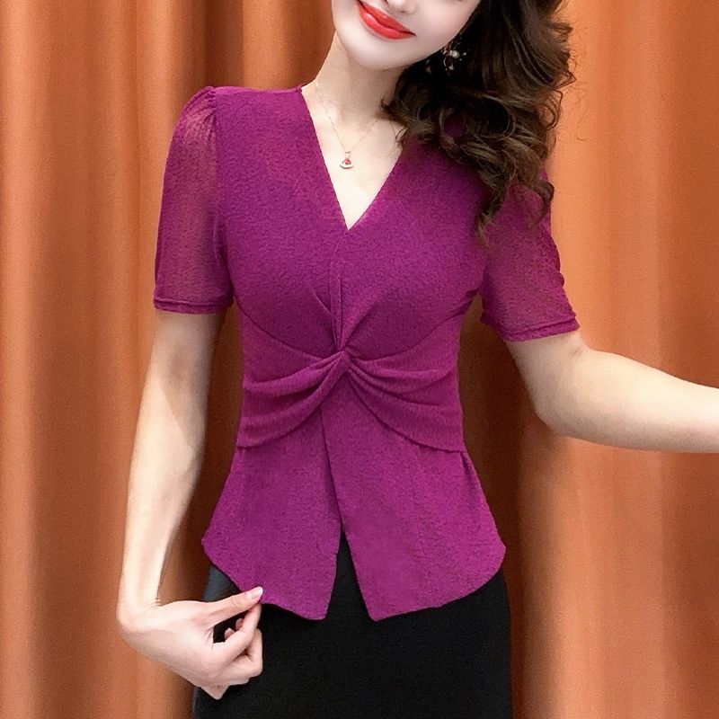 Women's V-Neck Twist Front Blouse Puff Short Sleeve Slim Fit Casual  Pullover Top