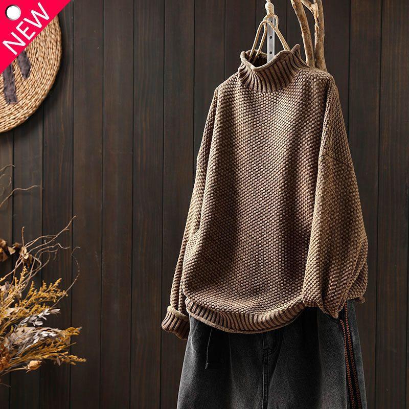Literary and Retro Semi-turtleneck Sweater Women's Autumn and Winter Loose Casual Style Pullover Bottoming Knitted Sweater Long Sleeves
