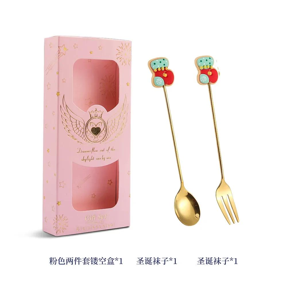 2025 Christmas Spoon and Fork Set Stainless Steel Creative Tableware Coffee Tea Dessert Spoon Spoons with Gift Box 6Pcs New