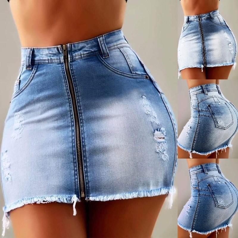 Buy Women's Fashion High Waist Zipper Mini Hip Jean Skirt Summer Ripped