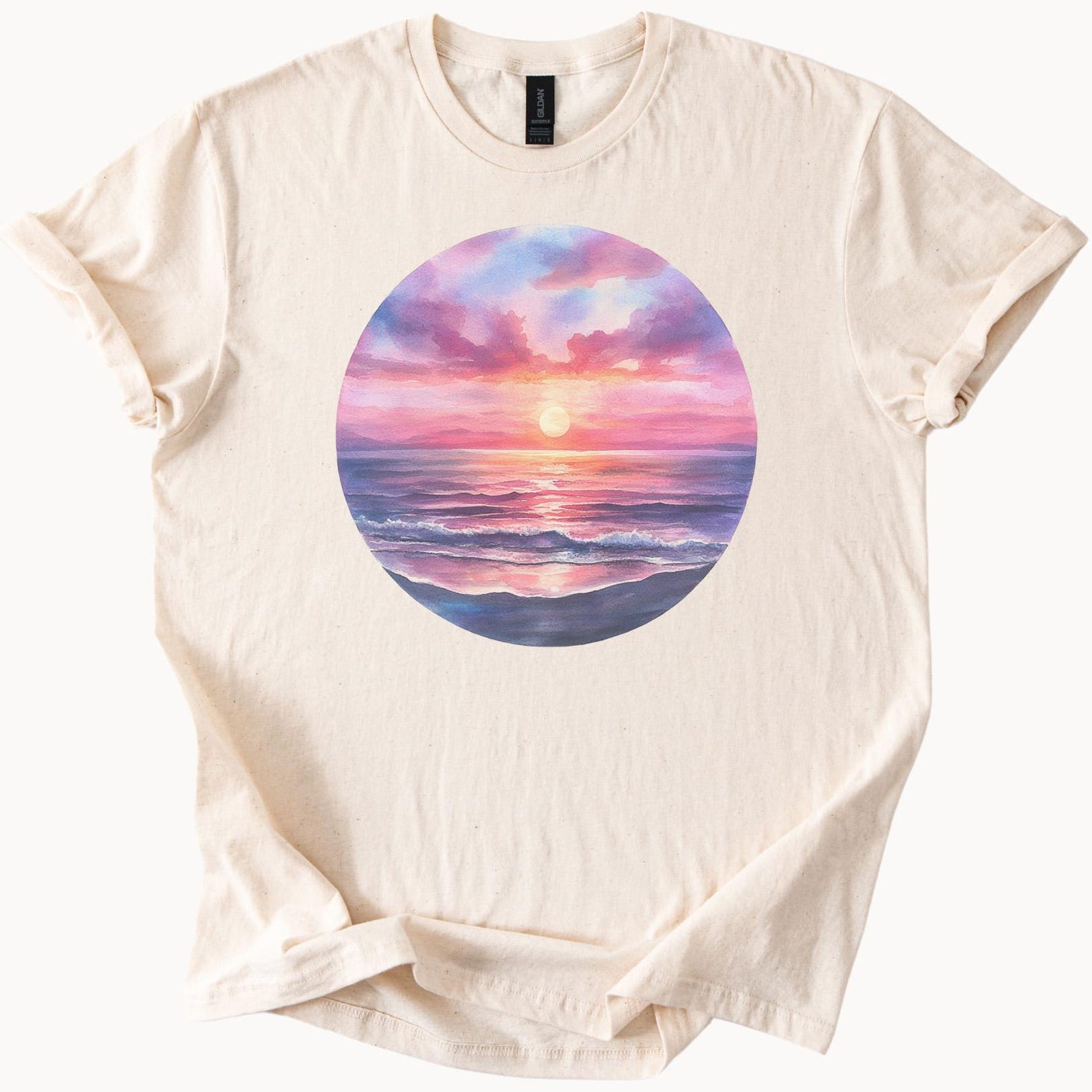 Sunset Ocean Waves Graphic T Shirt Pastel Beach Art Tee Watercolor Sunrise Sea View Summer Coastal Aesthetic Shirt Nature Lover Gift 150