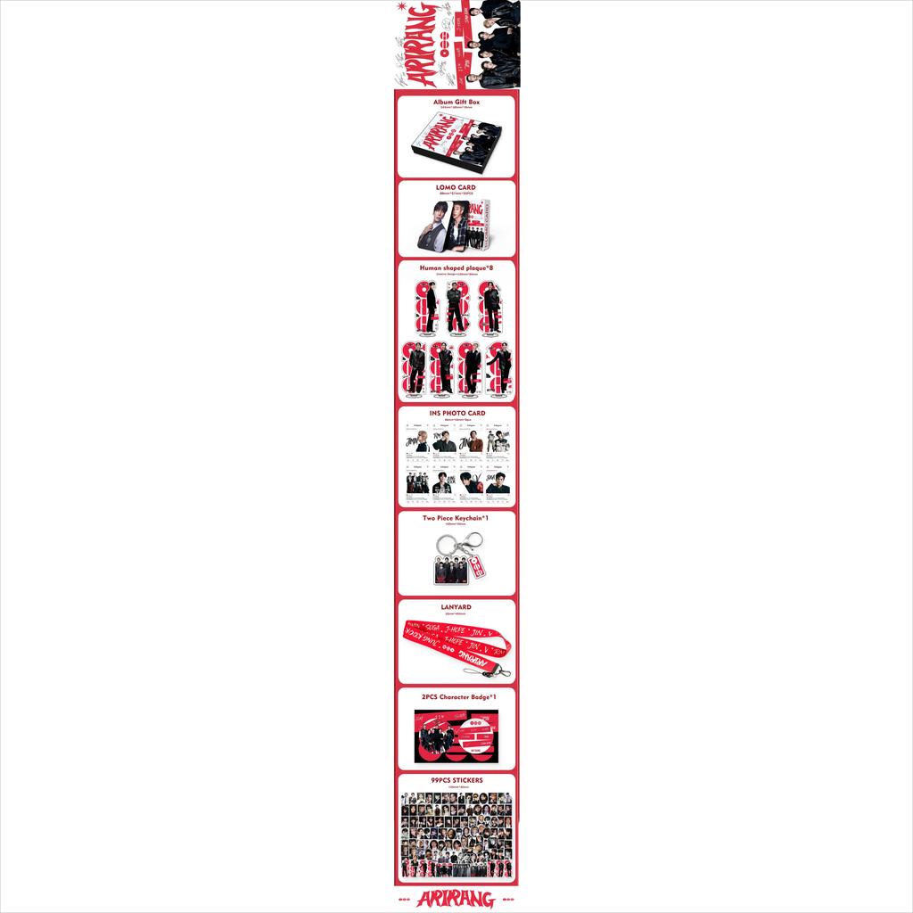 Deluxe Kpop BTS Arirang Support Geschenkbox | 7 Stück Acryl-Ständer, Lomo-Karten, Schlüsselanhänger, Lanyard, Abzeichen-Foto-Set | BTS Album Merchandising für Fans