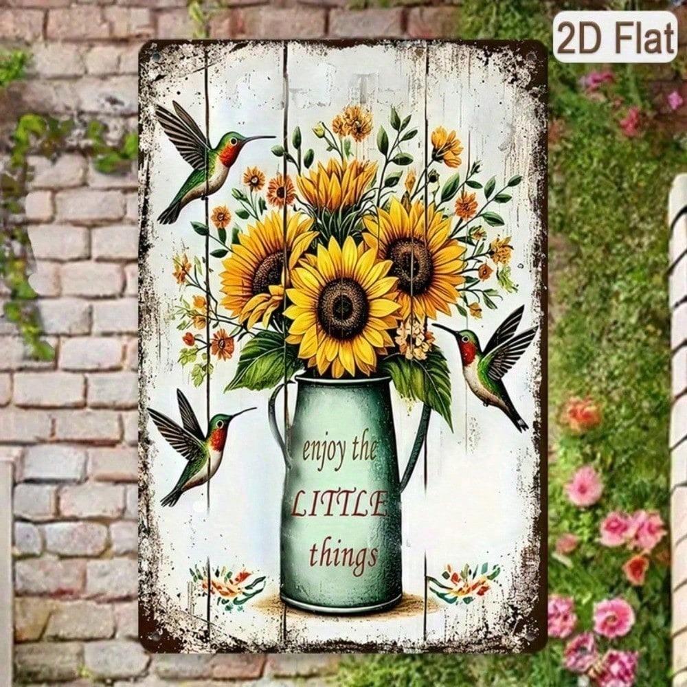 1PC Rustic Sunflower Metal Tin Sign, 2D Flat Hummingbird Plaque with Enjoy The Little Things Quote, Farmhouse Wall Decor