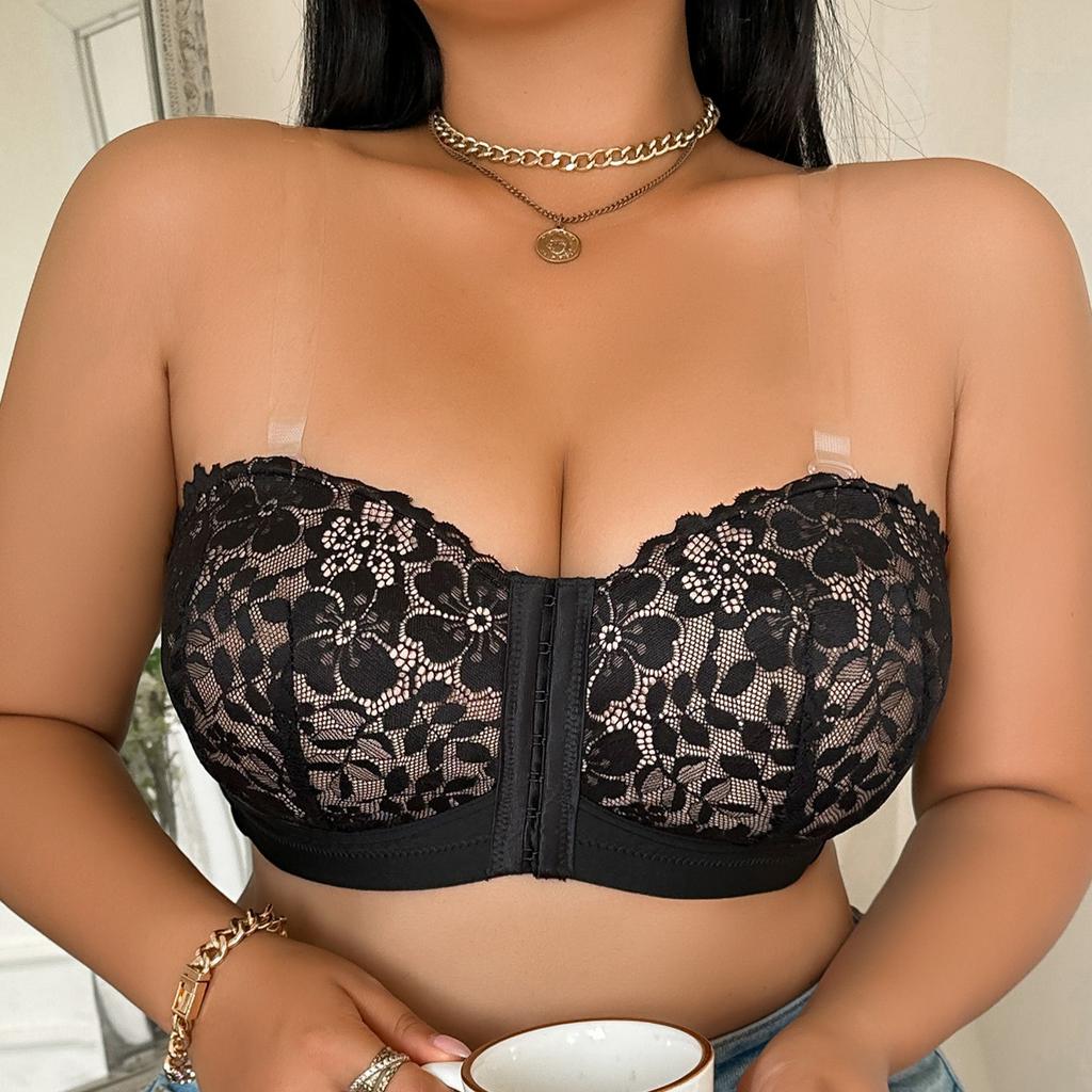 Front-clasp Large Chest Push-up Bra Lace Flower Embroidery Hollow Mesh Sexy Underwear