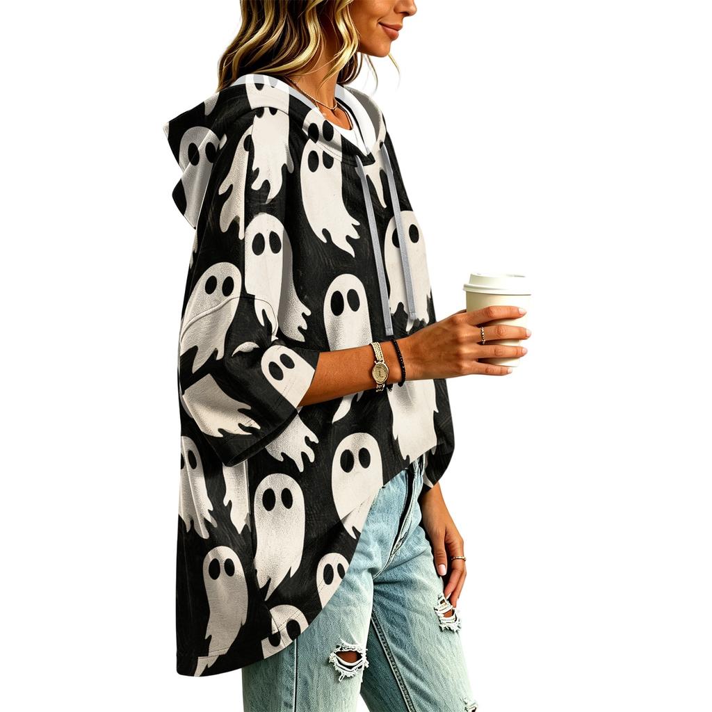 Women's Fashionable Three-Quarter-Sleeve Halloween-Printed Hooded Pullover