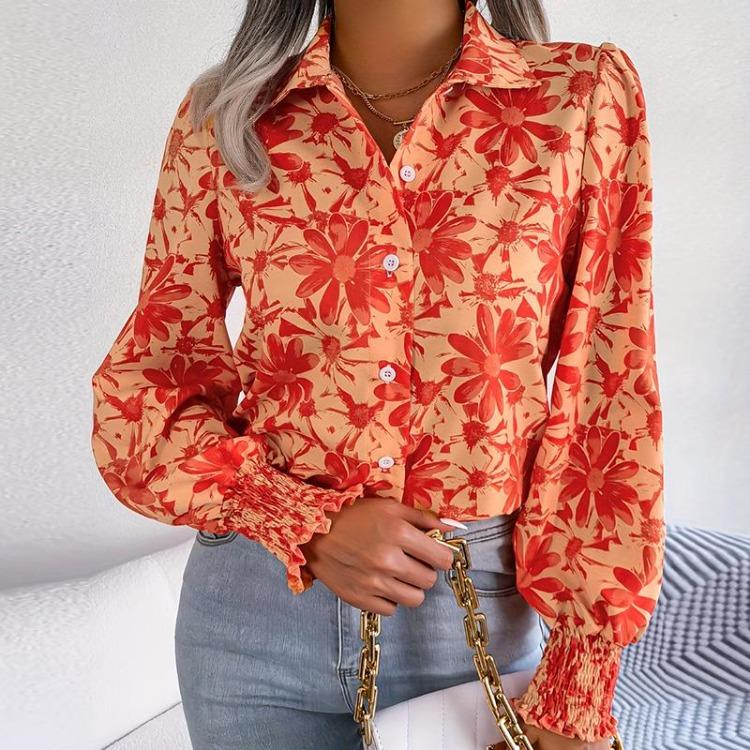 Women Casual Loose Long Sleeve Shirt Top Floral Print Office Wear Spring Summer Lapel Blouse