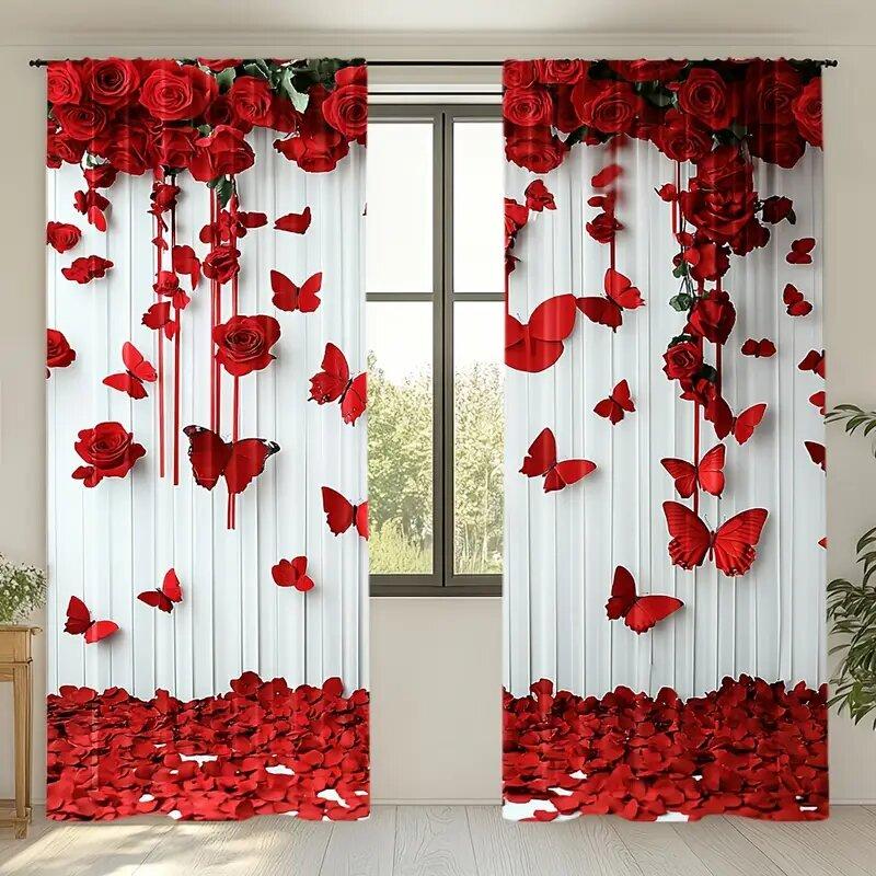 Wine Red Butterfly Print Curtains Christmas Decorations Bedroom Living Room Home Decoration Made Of Polyester Window Treatment