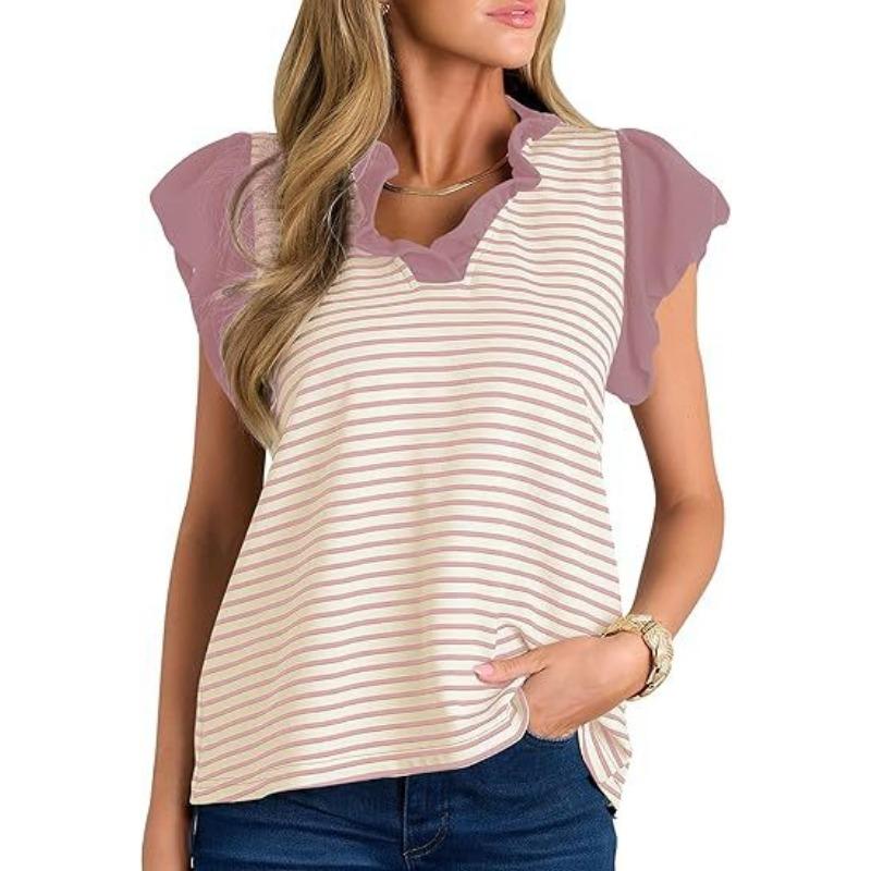 YYFS Women's Fashion Casual Summer Spring Stripe Print Short Sleeve V-Neck Blouses & Shirts