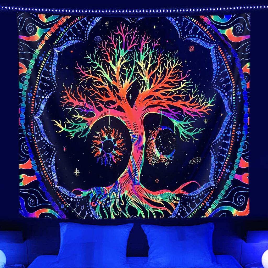 Fluorescent Tapestry UV Night Light Game Controller Mandala Tree of Life Home Room Hanging Cloth T