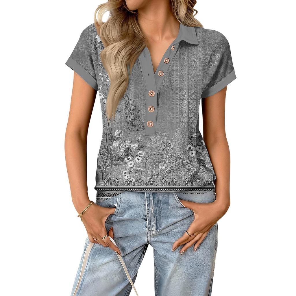 Modny i casualowy damski letni top z dekoltem V, patchworkowy, z krótkim rękawem, w stylu retro z nadrukiem