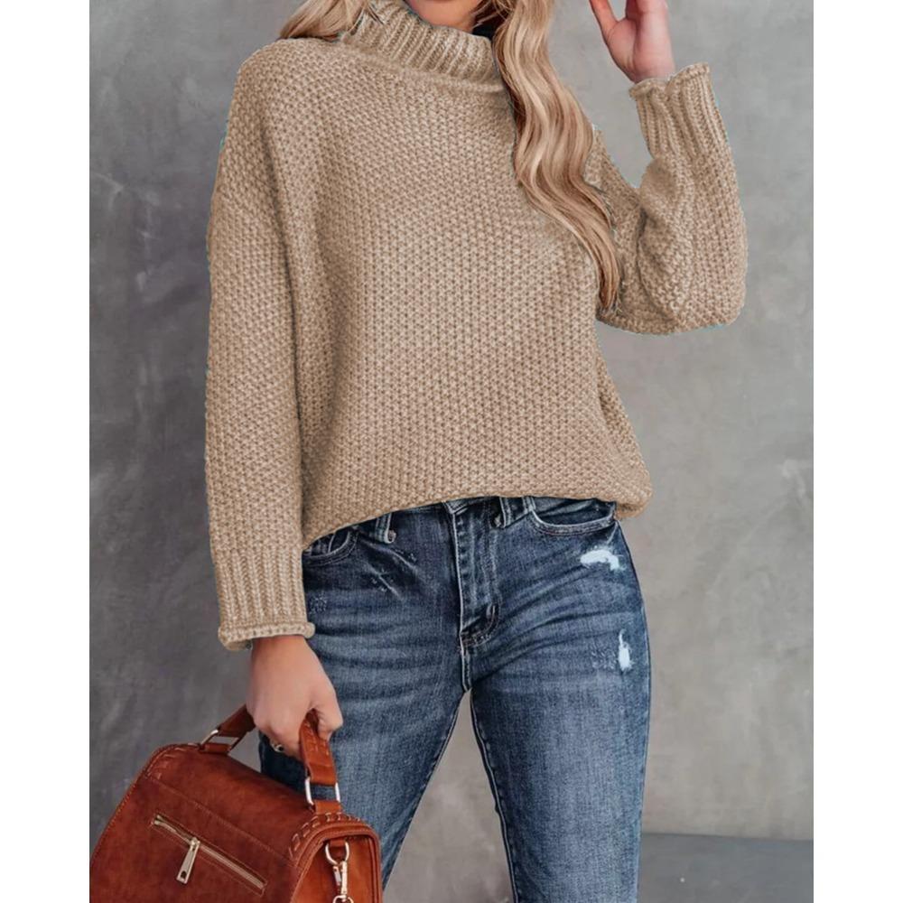 New Autumn and Winter Knitted Sweater, Solid Color High-neck Casual Loose Sweater Pullover