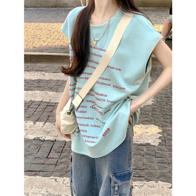 American retro bullet comment letter sleeveless sports vest T-shirt women s summer vest loose design sense niche top S