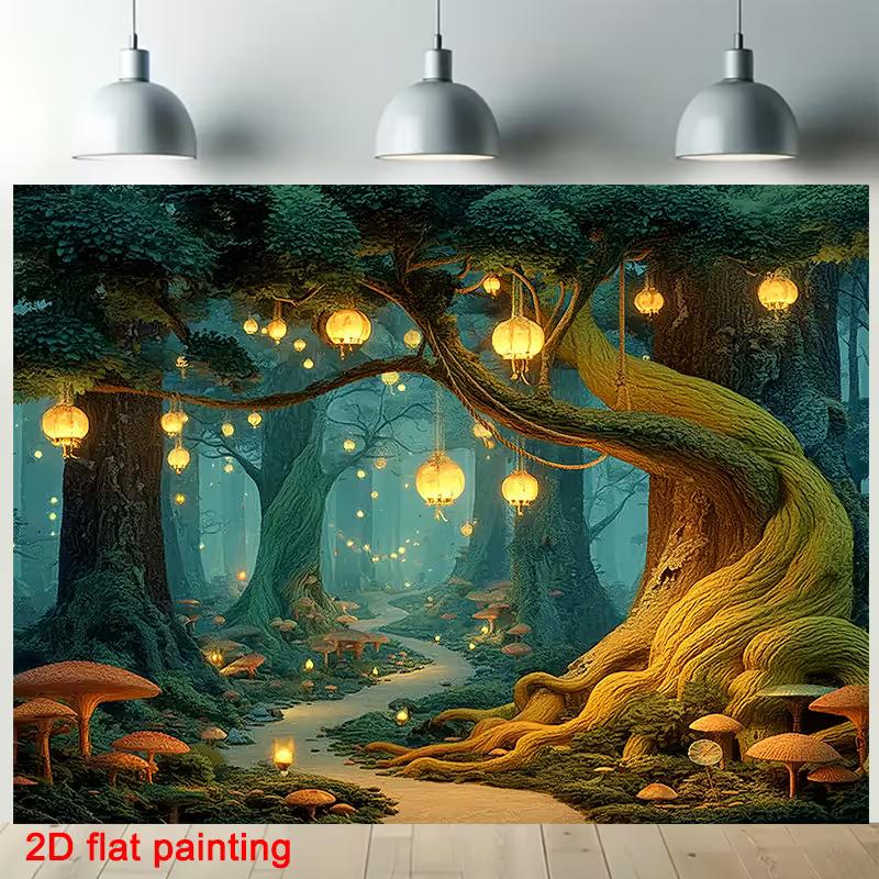 2D Fairy Tale Forest Wall Decor, Glowing Lanterns on Ancient Tree Tapestry