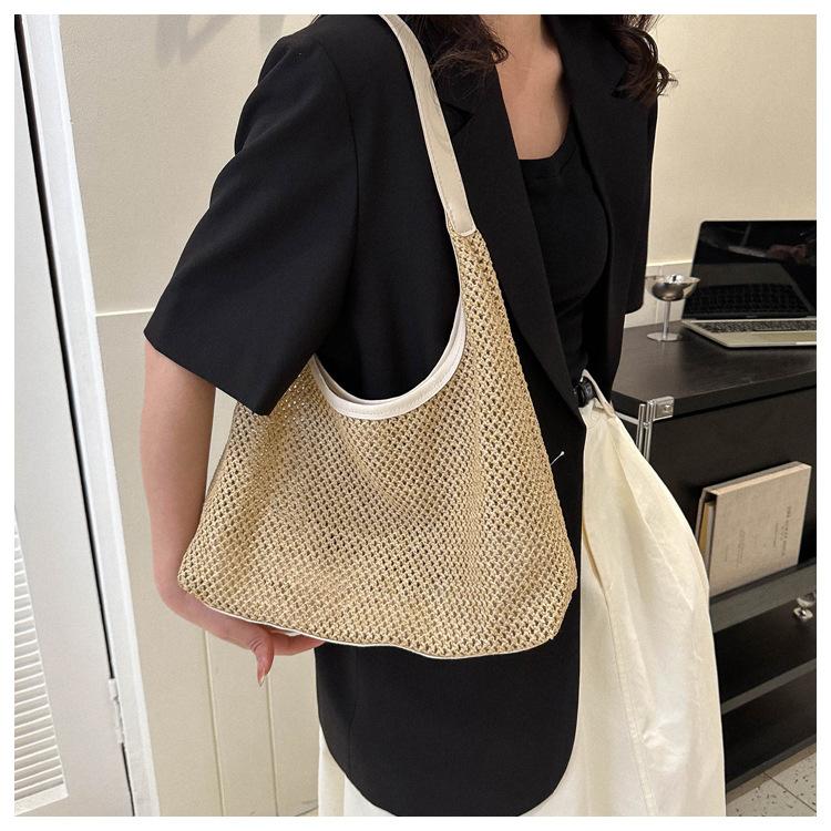 Women's Retro Woven Tote Bag Large Capacity Shoulder Underarm Bag Summer Beach Handbag