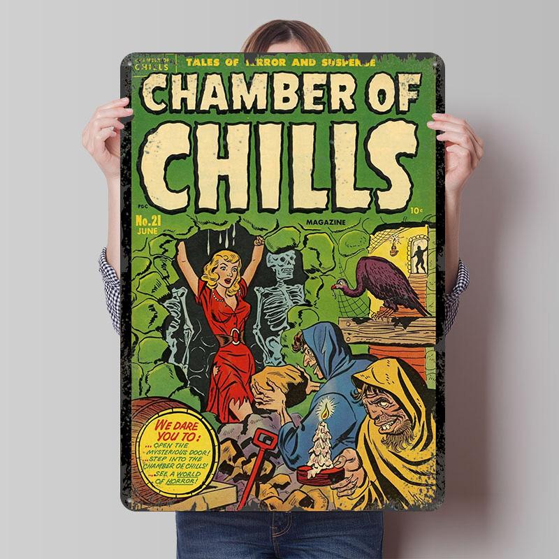 

CHAMBER OF CHILLS 21 Tin Plaque Poster Customized Wall Art Retro Vintage Metal Signs for Man Cave Decoration Home Bathroom Decor 7.9x11.8In(20x30cm)