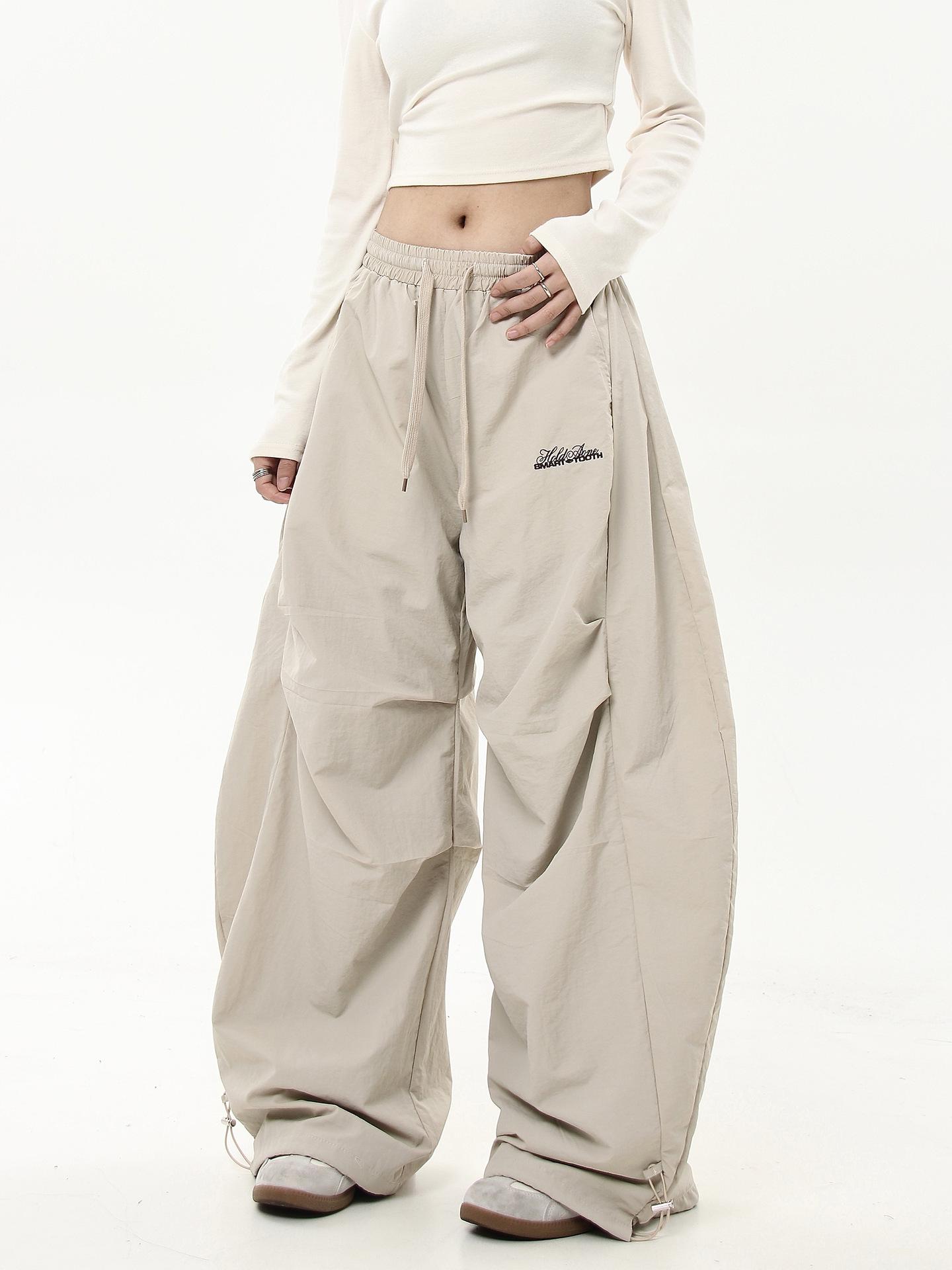 

Unisex Retro Pleated Parachute Cargo Pants with Velvet Wide Legs XXL абрикосовый