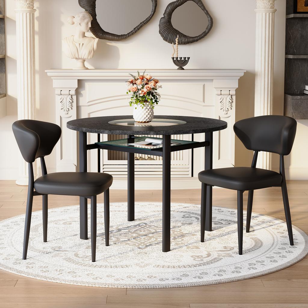 Juego de mesa redonda minimalista (con 2 sillones negros de material PU y respaldo curvo de confort), con 100 cm de diámetro en aspecto de madera negra.