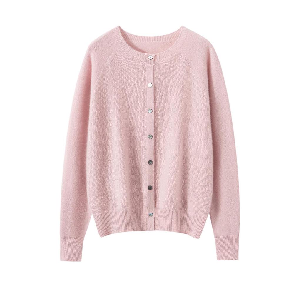 Women's Pure Cashmere Round Neck Cardigan - Autumn/Winter Loose Fit, Solid Color Knitted Sweater Coat