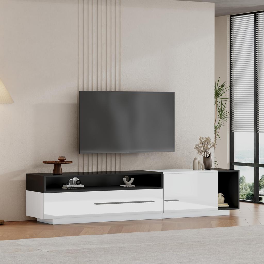 Hochglanz, TV Board Lowboard Schublade, Tür offenem Fach, Eleganter TV-ständer Fernseher bis zu 70 Zoll, Esszimmer, 170cm, Weiß & Schwarz