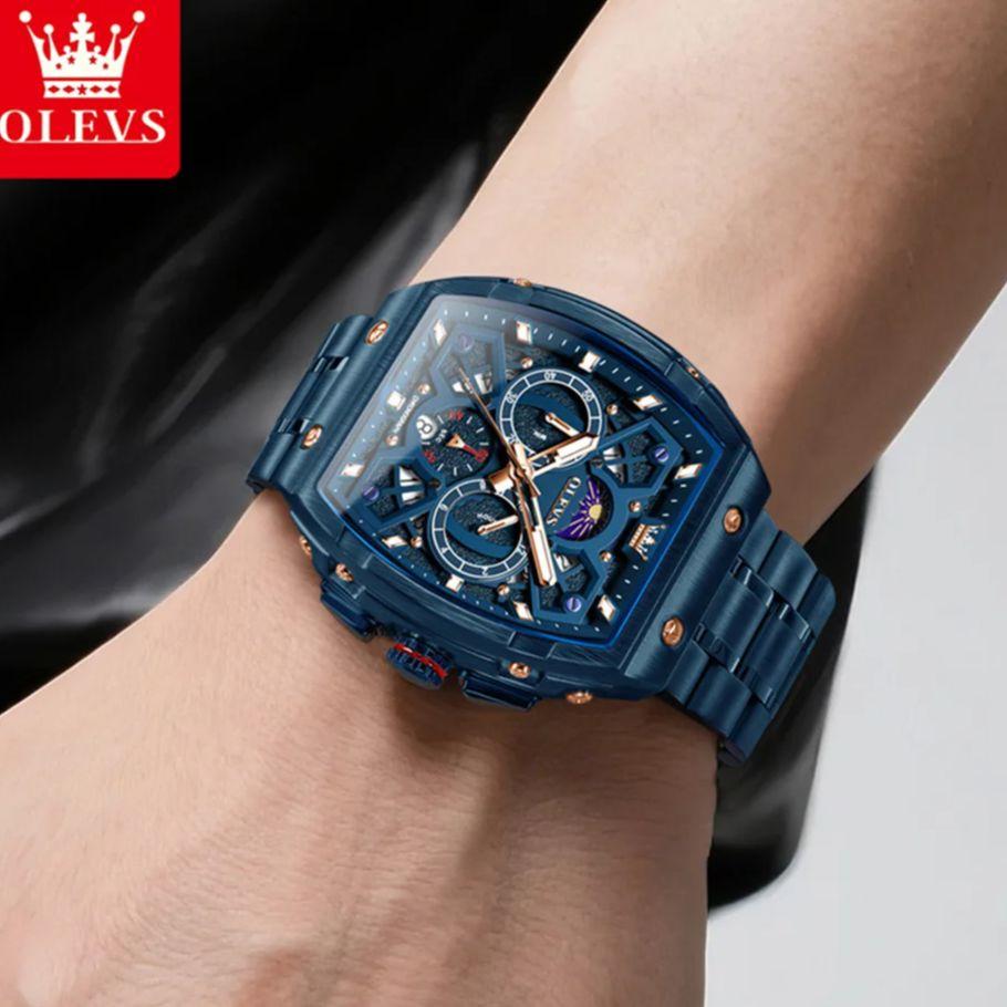 OLEVS Herren Chronograph Uhr Original Tonneau Quarz Uhr Wasserdicht Leuchtend Edelstahl Uhren Für Männer