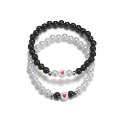 Fashion Source Couple Pearl Obsidian Beaded Love Bracelet Handmade