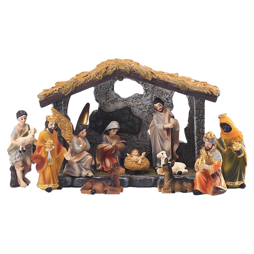 

Christmas Manger Nativity Set Resin Hand-painted Nativity Figurines Holy Family Crafts Statue Decor Home Living Room Church Deco