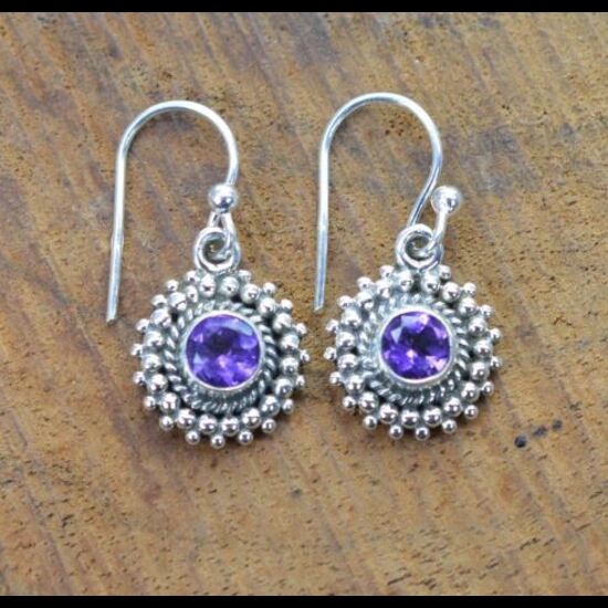 Kolczyki wiszące z okrągłym ametystem ze srebra próby 925 Prezent dla Niej