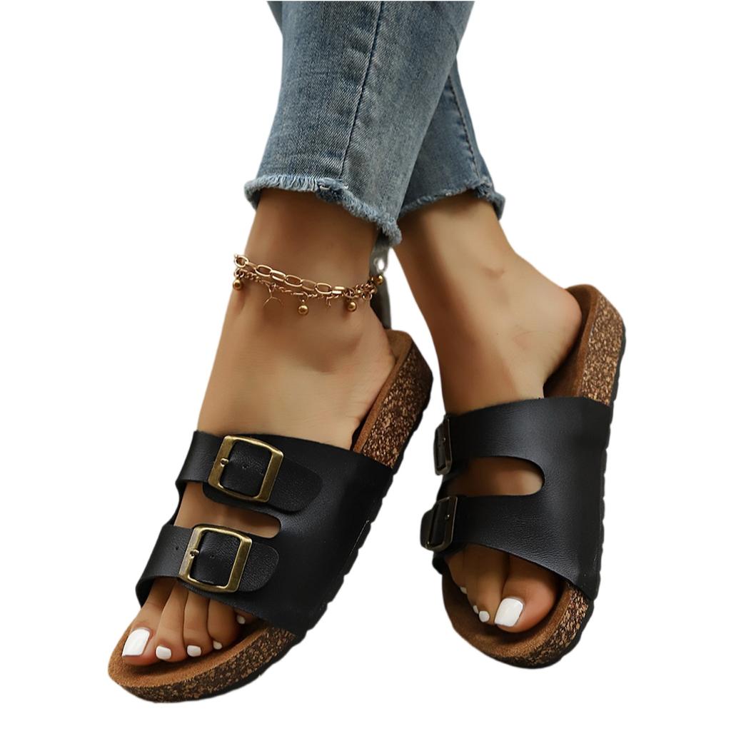 Women's Summer Cork Flat Sandals Open Toe Adjustable Buckle Strap Slide Beach Shoes Comfortable Footbed Casual Outdoor Footwear