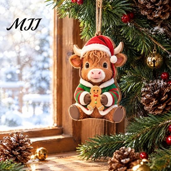 Highland Cow Christmas Ornaments Wooden Ornament, 2D Cute Hanging Rustic Farmhouse Decor with String, Animal Holiday Tree Party Decoration for
