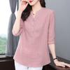 Spring Summer Thin Solid Color Three Quarter Sleeve T-Shirts Button Simplicity V-neck Elegant Vintage Casual Women's Clothing