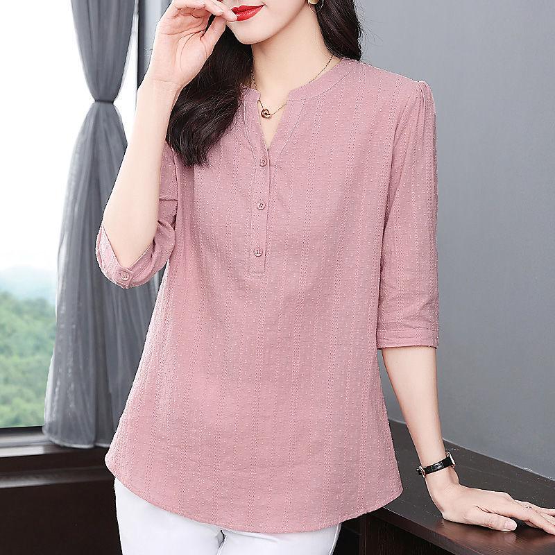 Spring Summer Thin Solid Color Three Quarter Sleeve T-Shirts Button Simplicity V-neck Elegant Vintage Casual Women's Clothing