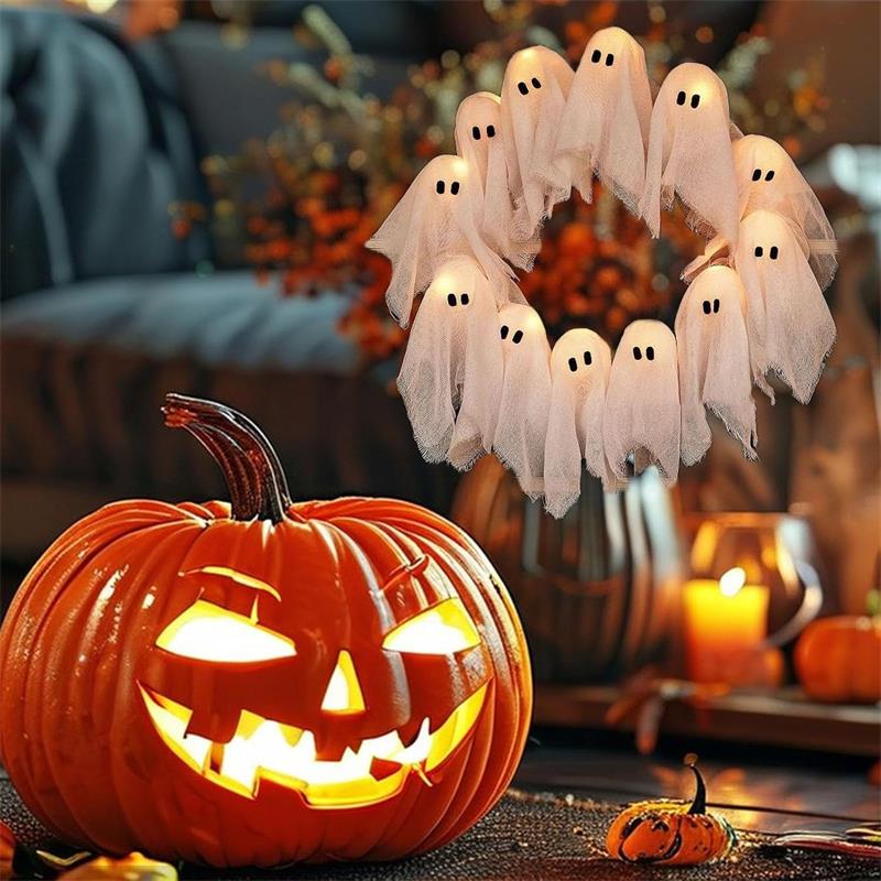 Halloween Lit Ghosts Wreath LED Light-Up White Ghost Garland,Spooky Deco 15.75in