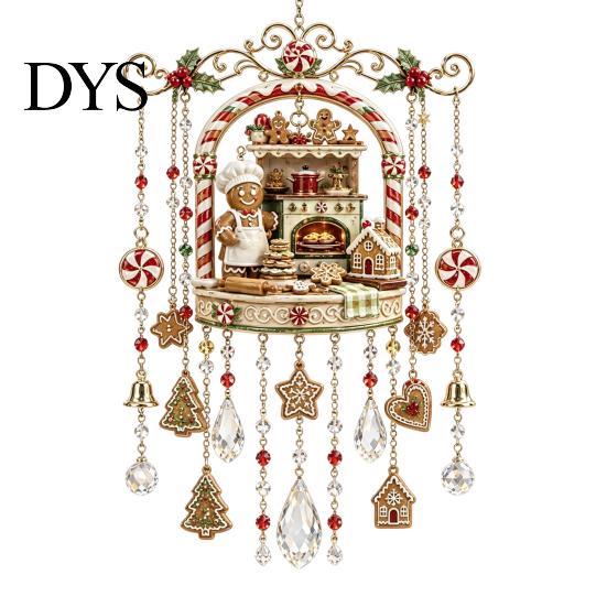Festive Window Display Christmas Wind Chime with Crystal Bead Chain, Cat Car/Owl Xmas Vintage Train Pendant Pattern Design, Retro Hanging Ornament for