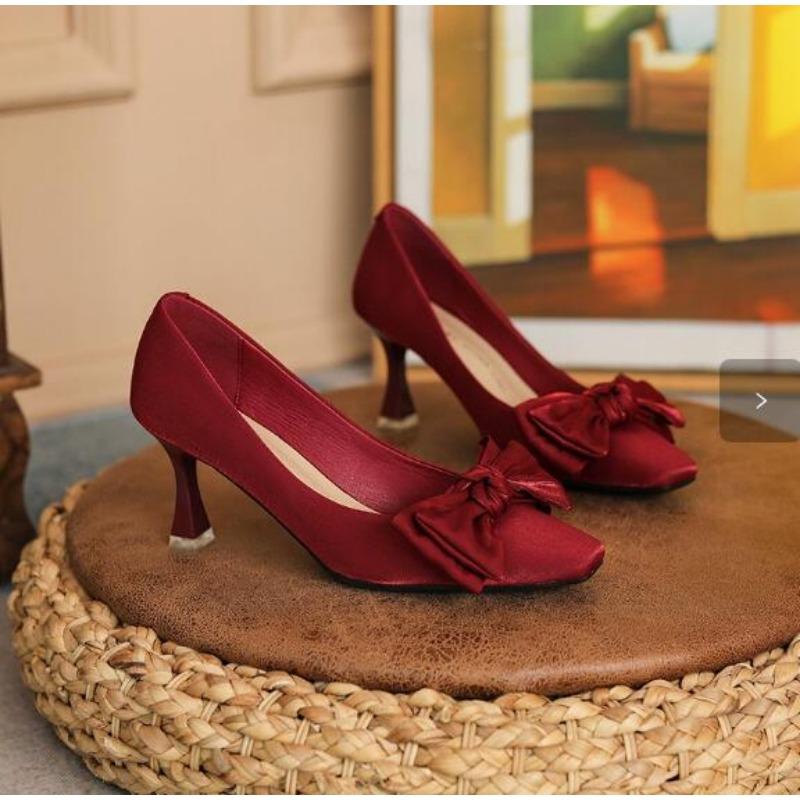 Red Wedding Shoes New Square Head Stiletto High Heels Female Shallow Mouth Bow Bride Shoes Women Dress Pumps Shoes