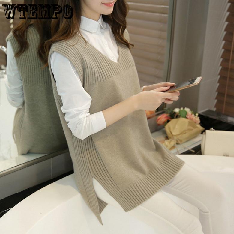 Mid-length Sweater Vest Women's Korean-style Solid Color Loose Knitted Sweater Large-sized V-neck Knitted Sweater Vest