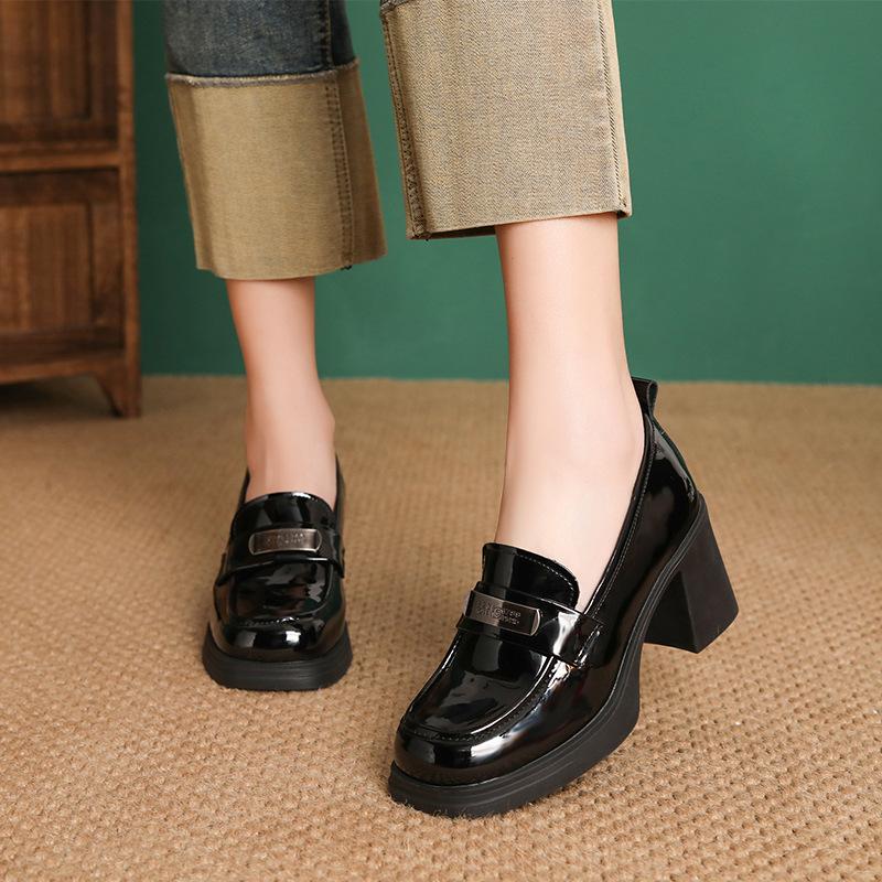 Fashion High Quality 7CM Spring Women Loafers Genuine Leather Slip on Pumps Ladies Thick High Heel Metal Shallow Height Increasing Shoes