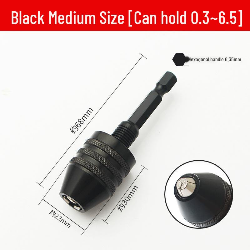 Quick-Change Mini Electric Drill with Three-Jaw Chuck, Hex Extension Rod, and Twist Drill Bit Adapter.