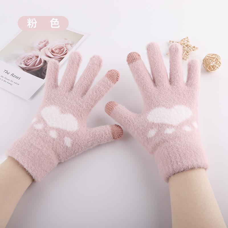 New Thermal Gloves Women's Winter Cute Cat Claws Piled Thickened Wool Knitted Touch Screen Gloves