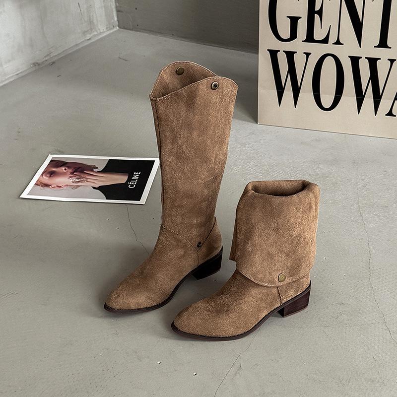 

Ретро двухсторонние западные джинсовые длинные рыцарские сапоги женские 2025 осень и зима новые универсальные, но до колена челси 42 абрикосовый