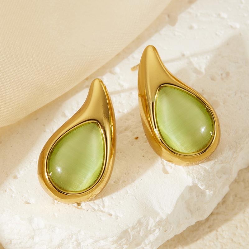 Niche Water Drop Shape Stainless Steel Earrings with Colored Natural Stones - Stylish Retro Women's Studs