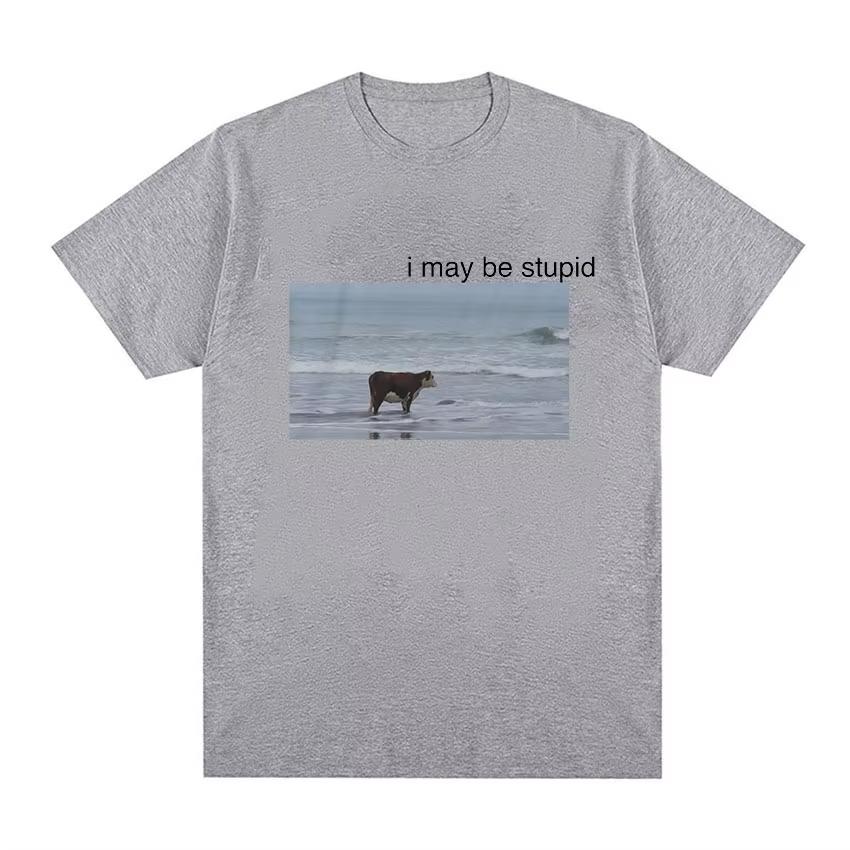 2025 New I May Be Stupid Cow On Beach Funny Meme T Shirt Men's Fashion O-Neck Short Sleeve T-shirt Casual Cozy Cotton T Shirts