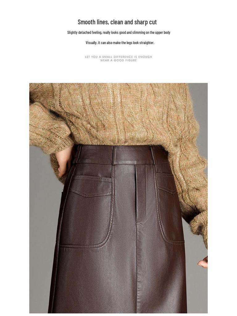Elegant Women's Genuine Leather Slit Skirt - High-End Autumn/Winter Fashion
