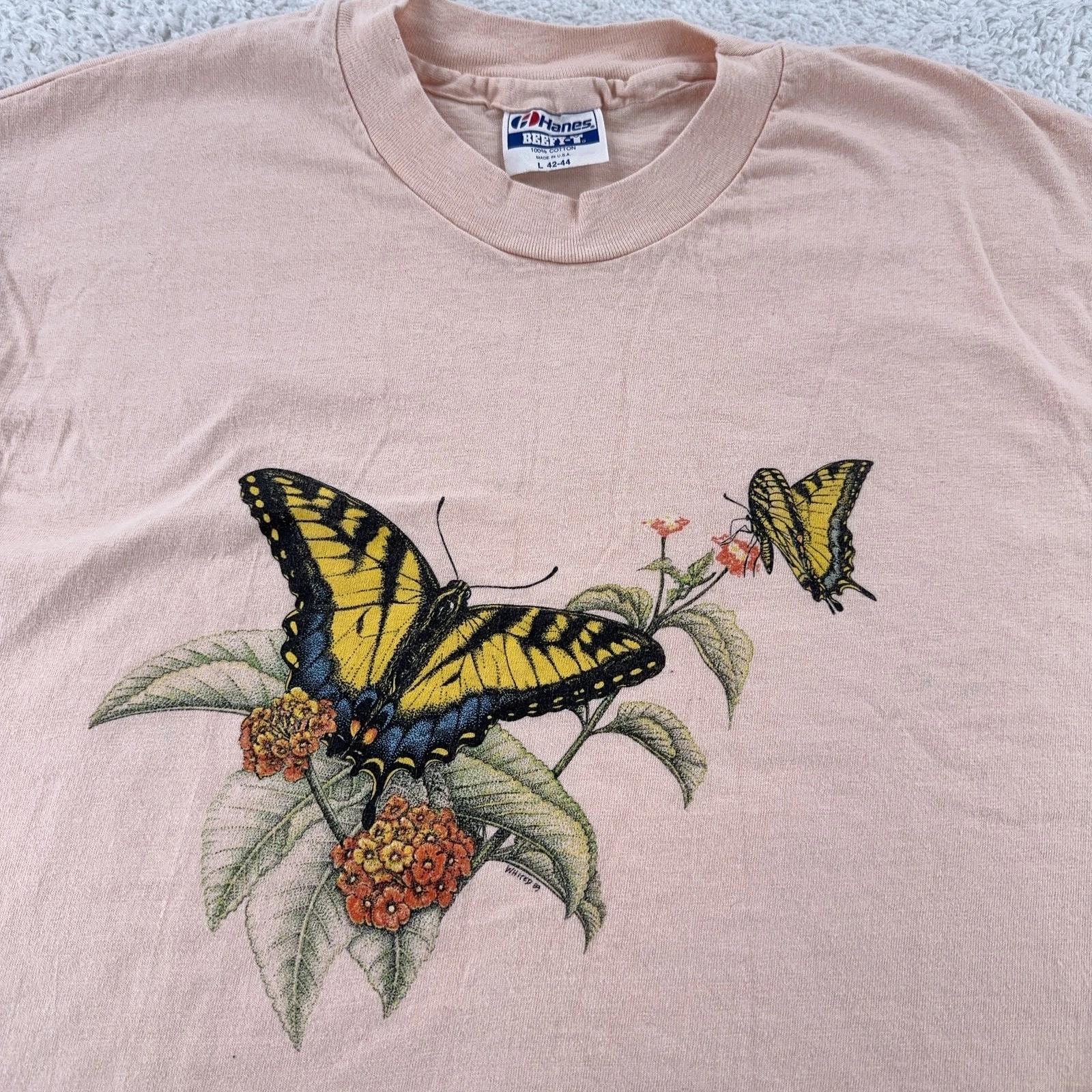 Vintage 80s Butterfly World Garden Flowers Art T-Shirt S/M Nature Monarch USA XL
