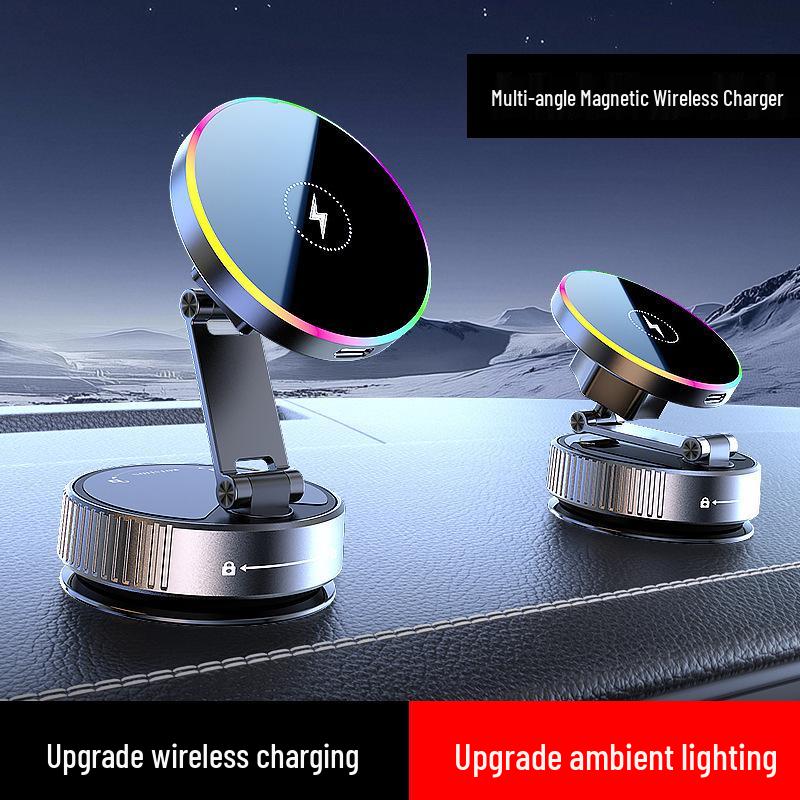 

Wireless Car Charger with 15W Fast Charging, 360° Rotation, Magnetic Suction, and Seven-Color Ambient Light