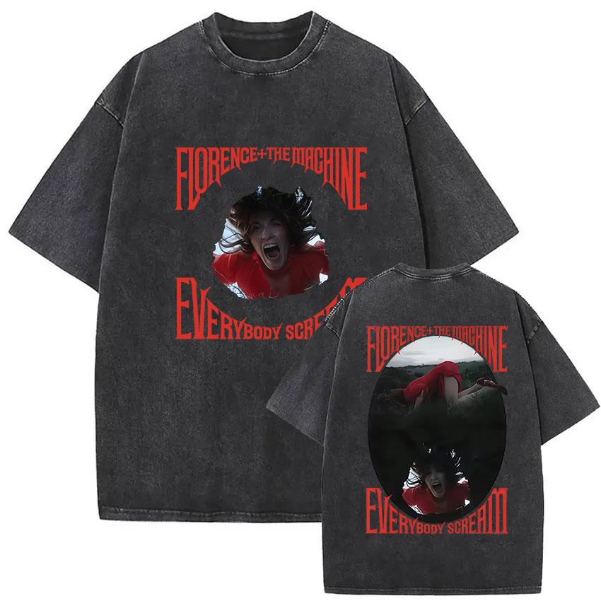 Vintage Washed Florence The Machine Everybody Scream Tour Graphic T Shirts Men Women Harajuku Aesthetic Oversized T Shirt