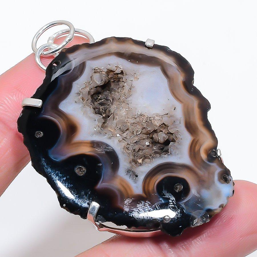 Natural Agate Geode Slice 925 Sterling Silver Jewelry Pendant 2.56" L7w69